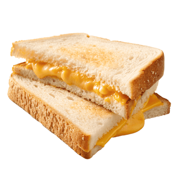 Close-up of a toasted cheese sandwich with gooey melted cheese inside, on transparent background, concept of comfort food png
