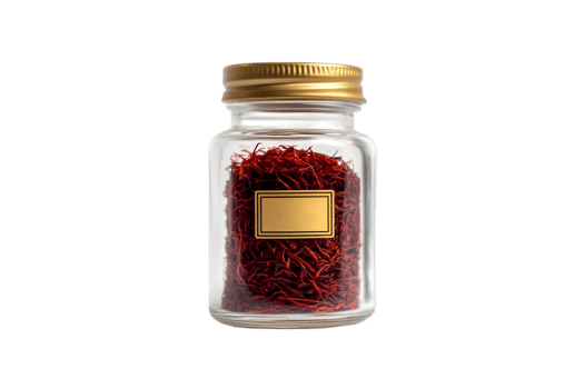 Saffron threads in a glass jar with a gold lid on a transparent background png