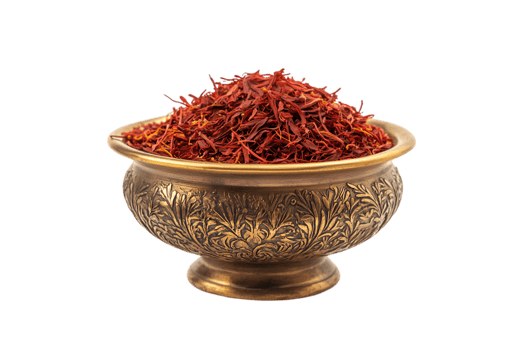 Saffron threads in an antique brass bowl on a transparent background png