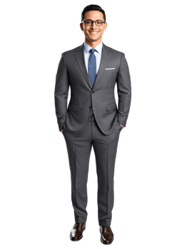 Hispanic man in glasses, confident smile, wearing a suit, direct lighting, transparent background. png