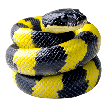 Vibrant Yellow and Black Snake Coiled on a Reflective Surface png
