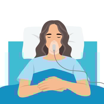 Patient on ventilator life support wearing oxygen mask laying on hospital bed. vector