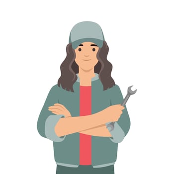 Young woman mechanic holding a spanner. vector
