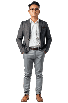 A man in a suit and glasses standing png