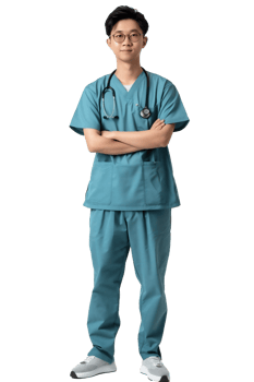 A male doctor in a blue scrub suit png