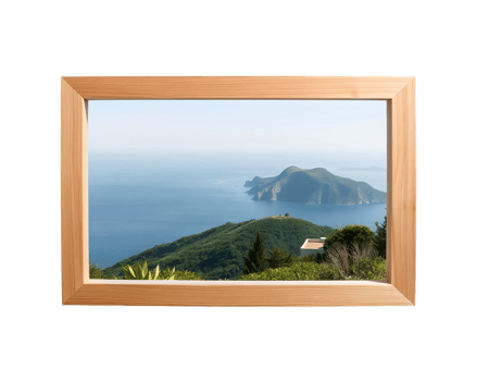 A wooden frame with a view of the ocean png