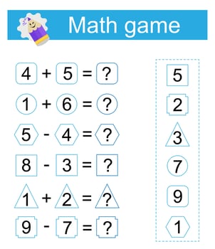 Math game for kids. Preschool worksheet activity. vector