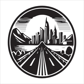 A black and white image of a road with a city in the background vector