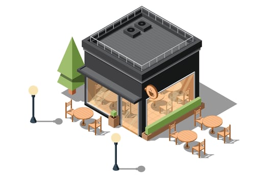 Isometric coffee shop. Isometric cafe building. Isometric exterior of coffee shop vector