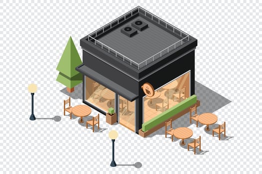 Isometric coffee shop. Isometric cafe building. Isometric exterior of coffee shop vector