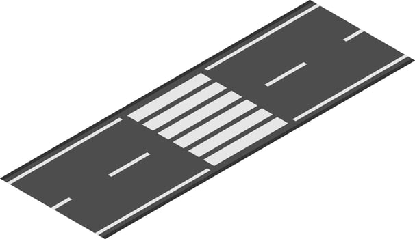 Isometric projection of pedestrian crossing, featuring white stripes on dark asphalt road surface, providing safe passage for people across traffic vector