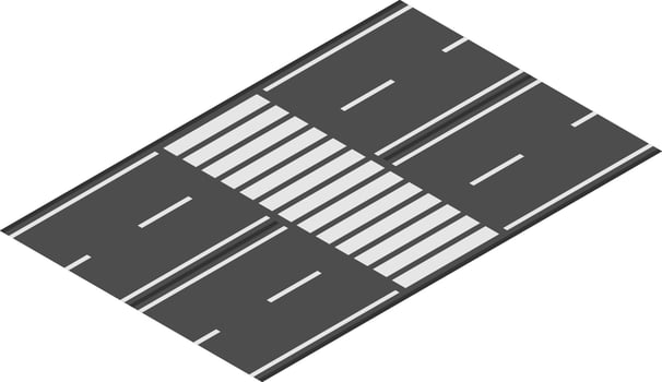 Isometric view of a pedestrian crossing on a two lane road, providing a safe passage for people across the street, enhancing road safety and urban planning vector
