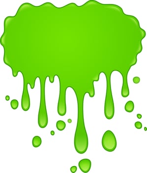 Viscous bright green goo is slowly dripping down, forming drops and blobs of various sizes, creating an abstract, playful, and slightly messy visual vector