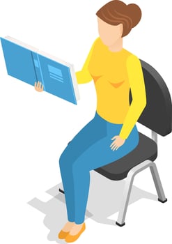 Isometric illustration representing a young student or teacher woman reading a book sitting on a chair, perfect for educational or learning concepts vector