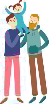 Two fathers joyfully lifting their daughter onto their shoulders, celebrating father's day while embodying family values and embracing lgbtq plus parenting in a modern family portrait vector