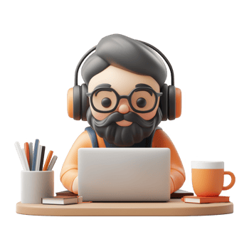 3d icon Smiling freelancer working from home, using laptop and wearing headphones in character with transparent background png