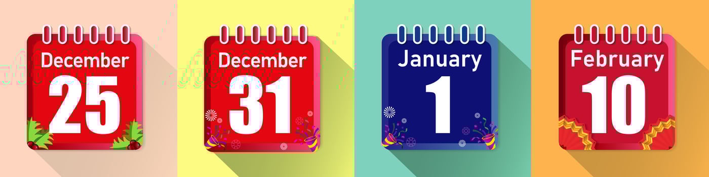 Calendar icon of high season on December 25 and 31, January 1 and February 10 vector