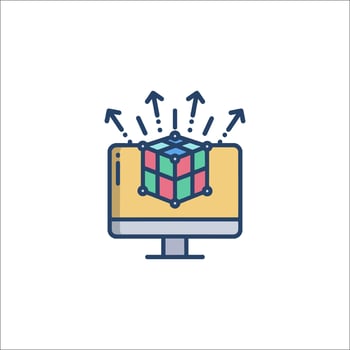 A computer with a cube on it and arrows coming out of it vector