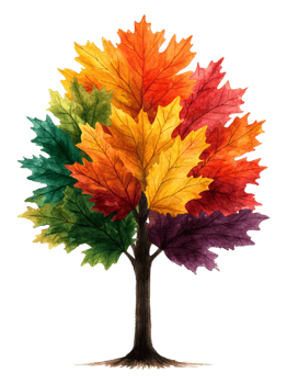 Vibrant Watercolor Tree with Colorful Leaves in Autumn Palette png