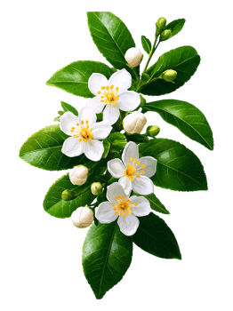 Fresh White Blossoms on Vibrant Green Leaves Against png