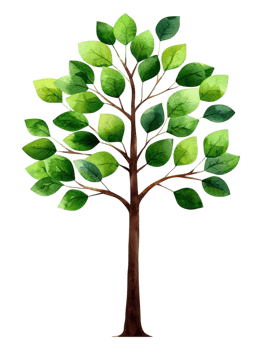 Watercolor Tree with Lush Green Leaves and Brown Trunk Design png
