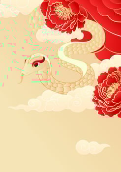 Chinese New Year poster of the Year of the Snake Golden snake with peonies and moire on a yellow background vector