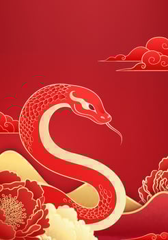 Chinese New Year poster of the Year of the Snake Red snake surrounded by peony flowers and moire vector