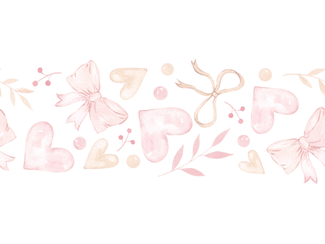 Watercolor pink border with bows, hearts and stars. Cute romantic print, horizontal banner. Children's theme, little princess, Valentine's day. Background, wallpaper, ribbon. png