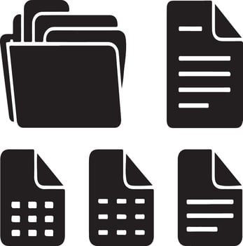 Simple Black and White File Folders and Documents Icons, A set of black and white icons depicting file folders, documents, and spreadsheets. vector
