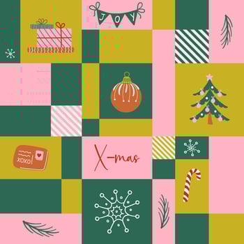 Happy holidays Y2K geometric seamless pattern. Cute vintage Christmas background. Mosaic grid retro 2000s style Xmas print. Flat style illustration. vector