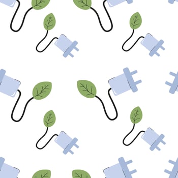 Pattern of electrical plugs intertwined with green leaves on a white background vector