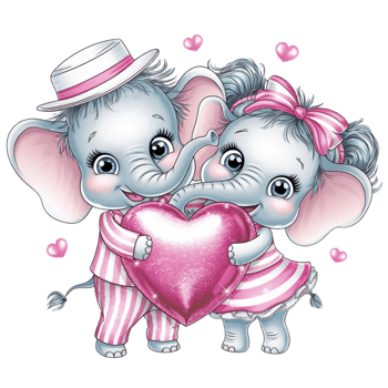 Two elephants, dressed in pink-striped outfits, hold a shiny pink heart together cutouts png