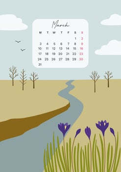 Calendar of march 2025 with hand drawn illistration inspired by nature and spring season. Week start from Monday. Poster with landscape of river and flowers crocuses vector