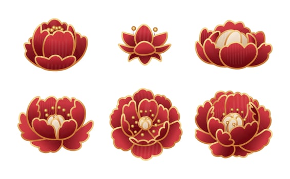Luxury red peonies with gold edging. Design element for Chinese New Year. Beautiful oriental flowers on a white background. vector