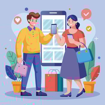 online shopping concept with man and woman holding vector