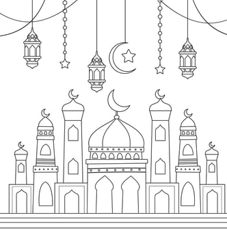 Mosque with domes and minaret coloring page vector