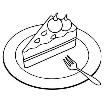 Elegant Dessert Plate with Chocolate Cake Slice and Fork - Side View Line Art vector