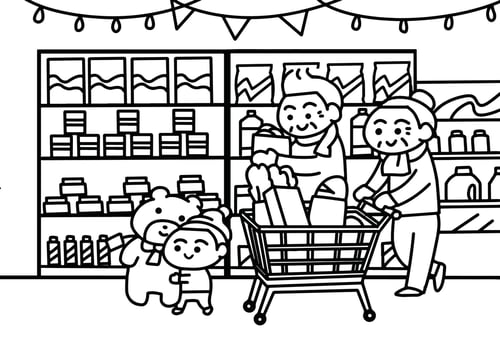 Kid shopping with Grandmother coloring pages style. vector