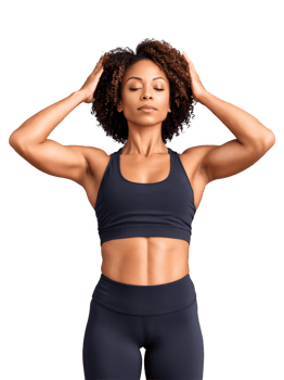 Yoga instructor, female, African American, 31 years old, with natural curly hair and a peaceful expression, wearing yoga pants and png