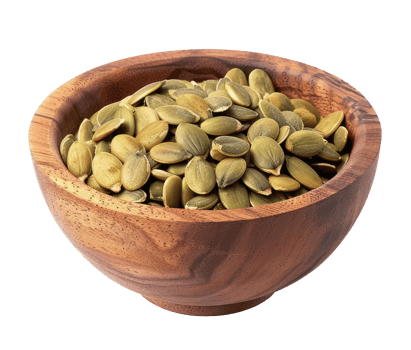 Wood bowl with pumpkin seeds isolated on transparent background png