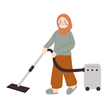 Muslim woman cleaning the house with a vacuum machine png