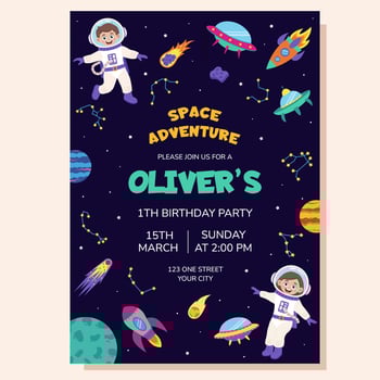 Space invitation for birthday party. Space elements and children astronauts. Poster, postcard, greeting card. vector