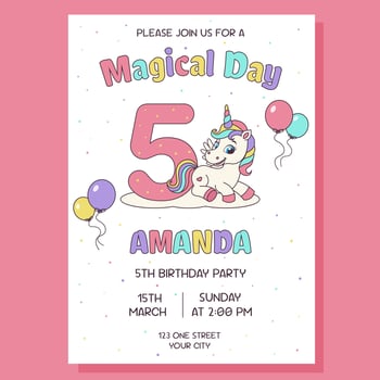 Birthday party invitation card with unicorn and birthday anniversary number. Unicorn concept. vector