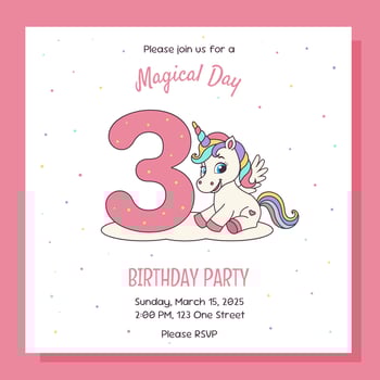 Unicorn invitation. Birthday party invitation card with unicorn and birthday anniversary number. vector