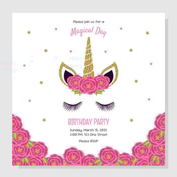 Unicorn birthday party invitation, greeting card. Invitation with unicorn elements and roses. vector