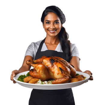 indian woman serving a roast chicken on a plate png