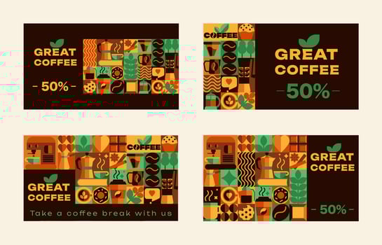 Bauhaus Coffee cards with seamless patterns, Icons, Abstract Symbols, logo, text in Geometric Design vector