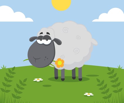 Black Sheep Cartoon Character With A Flower. Illustration Flat Design With Background vector