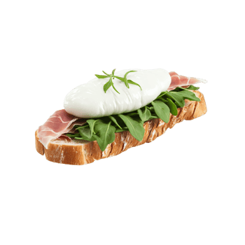 Prosciutto and burrata sandwich thinly sliced prosciutto creamy burrata cheese arugula balsamic glaze baguette Culinary png
