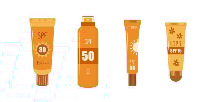 Spf cream collection. Sunscreen tubes. Moisturizer lotion for face, body, eye and lips. Protection for skin from solar ultraviolet light. Hand drawn summer cosmetic. Cartoon illustration vector